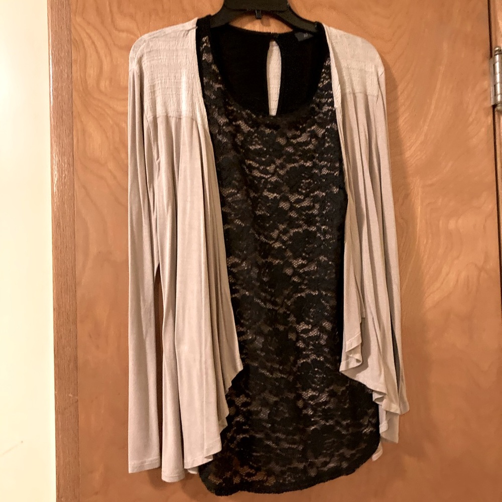2-pc Cardigan & shell, black lace and tan cardigan
